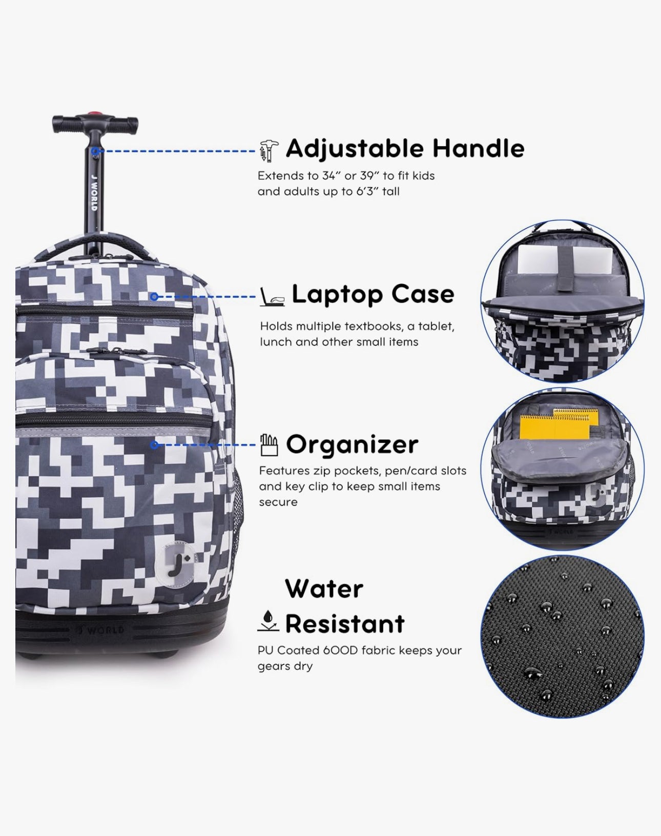 PRE-ORDER| J World New York Sundance Rolling Backpack Girl Boy Roller Bookbag, CAMO, 20 Inch